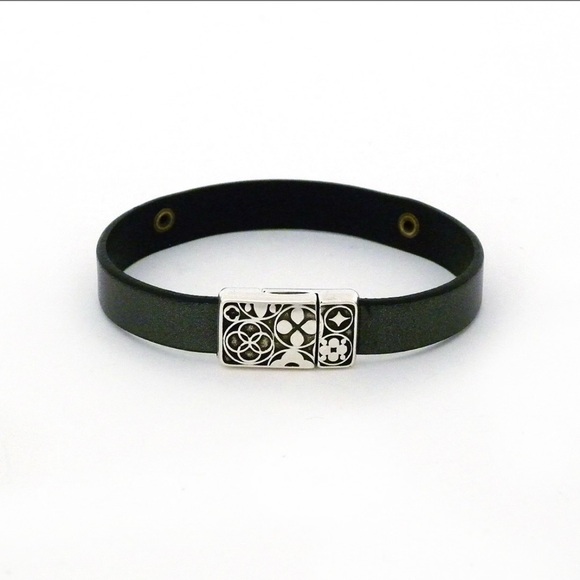 Dark Gray Leather Bracelet, Copper Design, Pewter Magnetic Clasp NWT - Picture 2 of 2